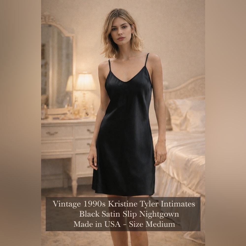 Vintage 90s Kristine Tyler Black Satin Slip Nightgown M